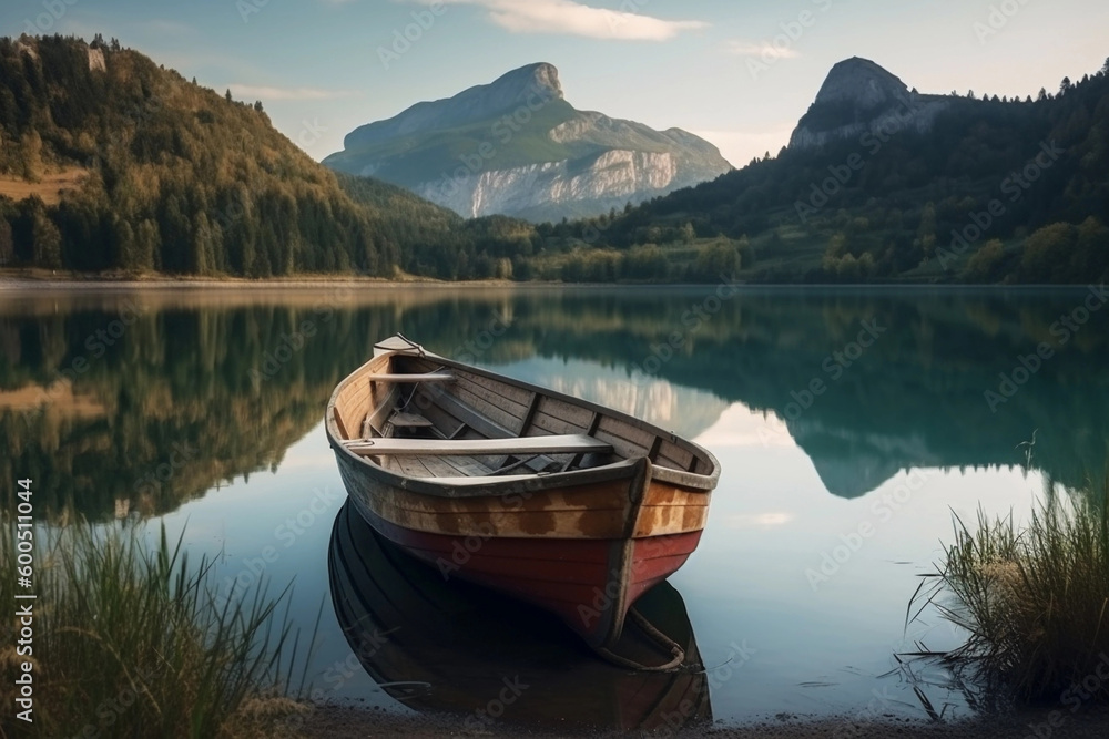 boat on lake landscape mountains. AI Generated boat on lake landscape mountains. AI Generated