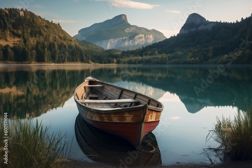 boat on lake landscape mountains. AI Generated