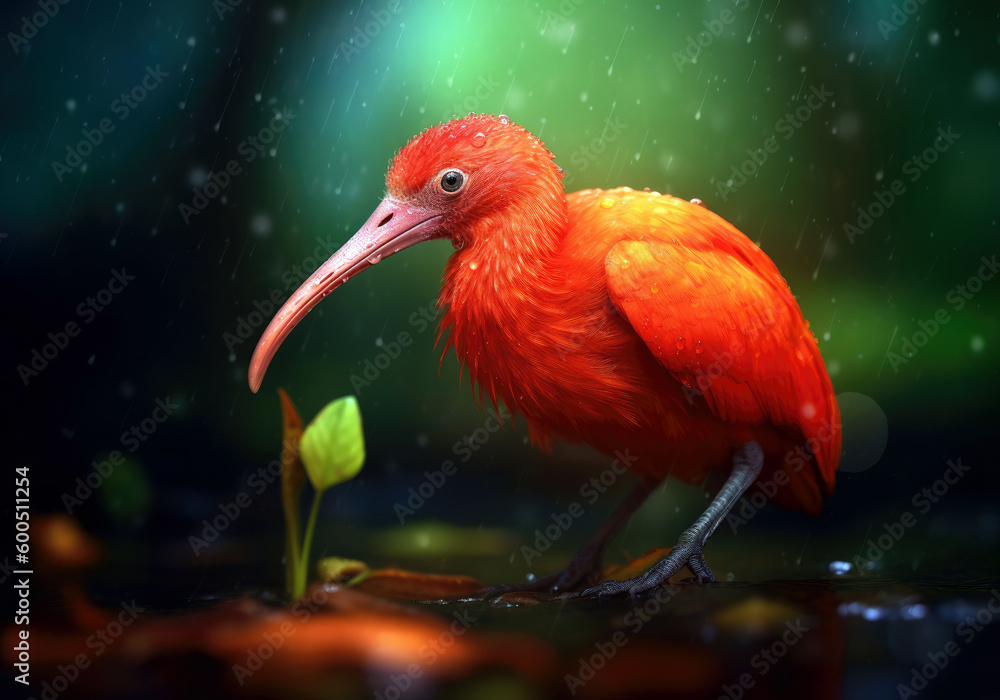 Fototapeta premium tropical scarlet ibis bird, bright wildlife, vibrant blured background, Generative AI