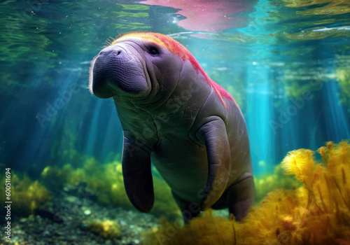 tropical manatee animal, bright wildlife, vibrant blured background, Generative AI photo
