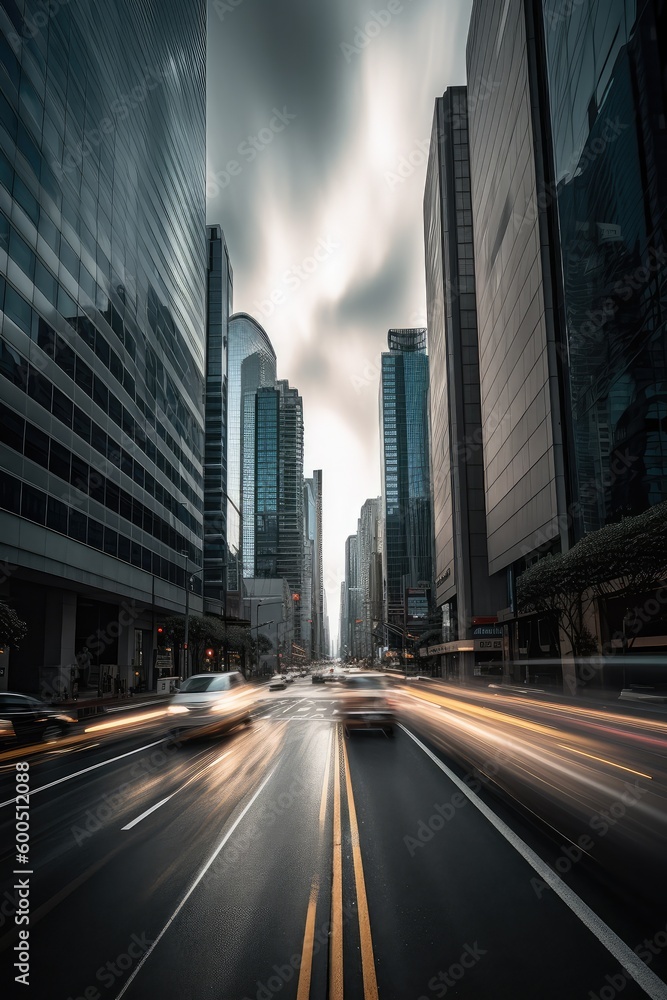 traffic in street with tall buildings