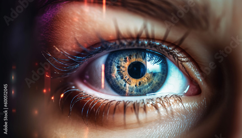 Blue eyed woman staring, close up of iris generated by AI