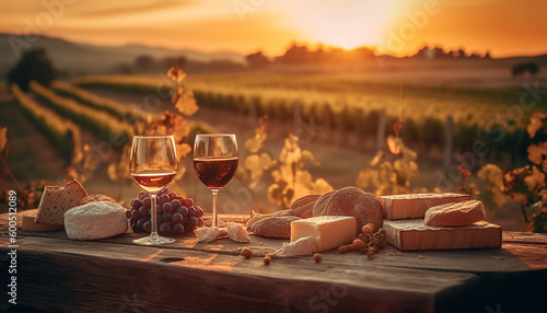 Rustic farm meal: pork, bread, wine, sunset generated by AI