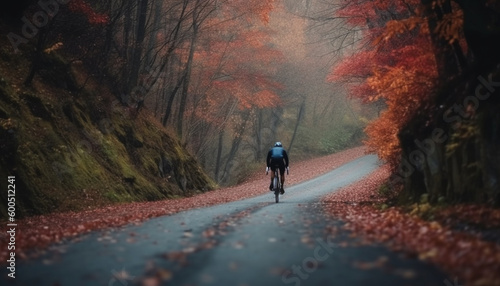 Mountain biking through autumn forest, solo adventure generated by AI