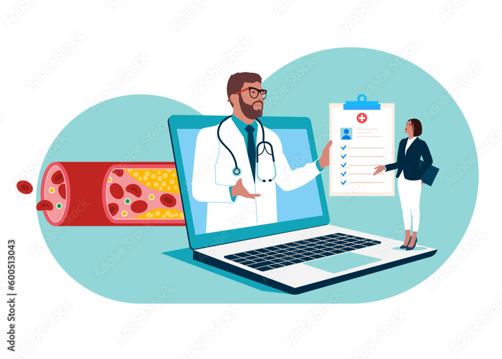 Online doctor сonsultate with a patient. Blood vessels and veins from cholesterol and blood cells clot. Internet Medical Hospital Diagnostics. Flat vector illustration