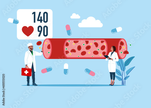 Doctors cardiologist studying blood vessels and veins. Cardiovascular system, cardiology, medical examination topics. Heart disease research. 