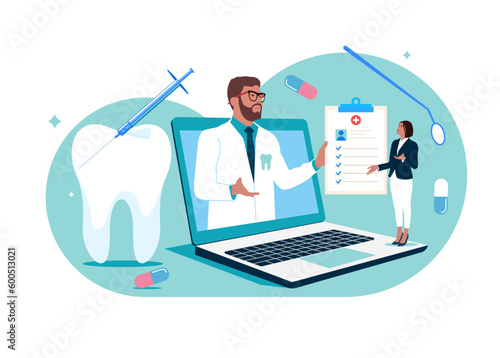 Online dentist consultate with a patient. Dental care, healthy mouth hygiene, dental problem. Modern vector illustration in flat style. Internet Medical Hospital Diagnostics. Flat vector illustration