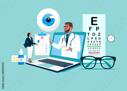 Online Doctor consultate with a patient. Ophthalmological treatment. Eye care and sight diagnostic testing. Modern vector illustration in flat style