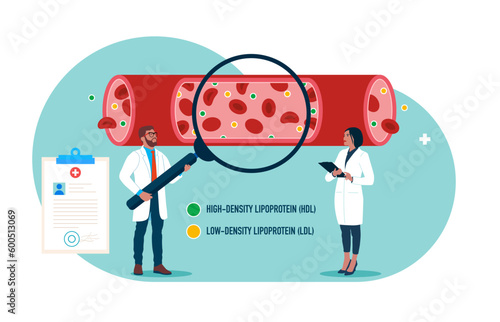 Cardiologist studying blood vessels and veins. Cardiovascular system, cardiology, medical examination topics. Heart disease research. Flat vector illustration