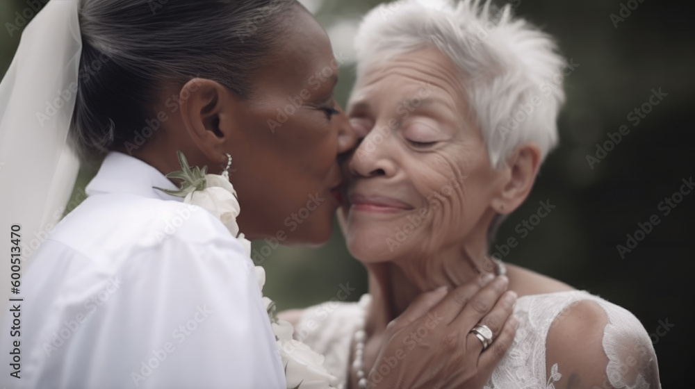 Old women lesbian couple. marrage Black and Caucasian female bride in love. LGBT pride month celebration generative ai Old women lesbian couple. marrage Black and Caucasian female bride in love. LGBT pride month celebration generative ai