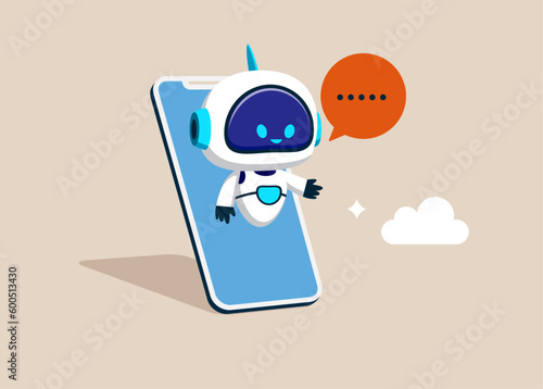 Artificial intelligence robot assistant. Online customer support. Chatbot on smartphone screen. Developers digital technology. Modern vector illustration in flat style