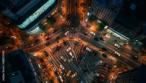 Nighttime traffic blurs through futuristic cityscape design generated by AI