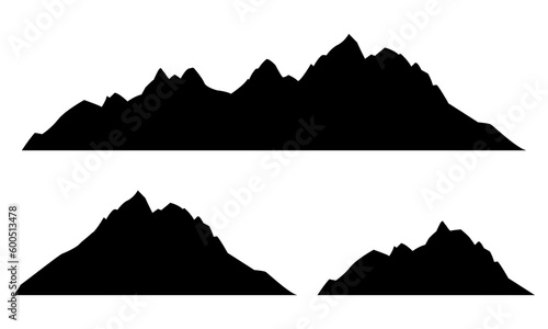 Mountain silhouette set. Rocky Mountains black signs. Landscape design element. Vector illustration. © metelsky25