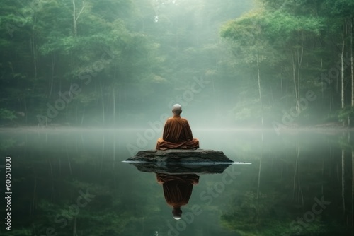 Meditation in a zen garden, Buddhism concept. Monk meditating rear view. Generative AI