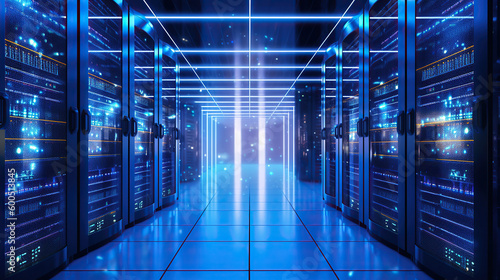 dark blue servers data center room and storage systems. Generative Ai © Putra