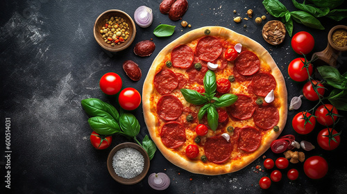 Tasty pepperoni pizza and cooking ingredients tomatoes basil on black concrete background. Generative Ai