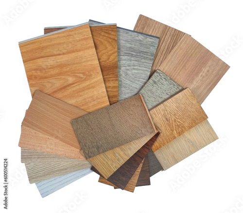 collection of wooden interior material samples swatch contains vinyl flooring tiles, engineering flooring tiles, laminated, veneer isolated on background with clipping path. multi color and texture.