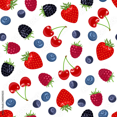 Berry background. Seamless pattern with strawberry  blueberry  bilberry  raspberry and blackberry. Vector cartoon flat illustration.