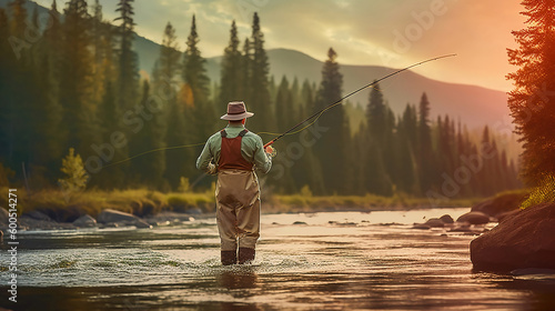 Fisherman catching trout on a river. Generative Ai