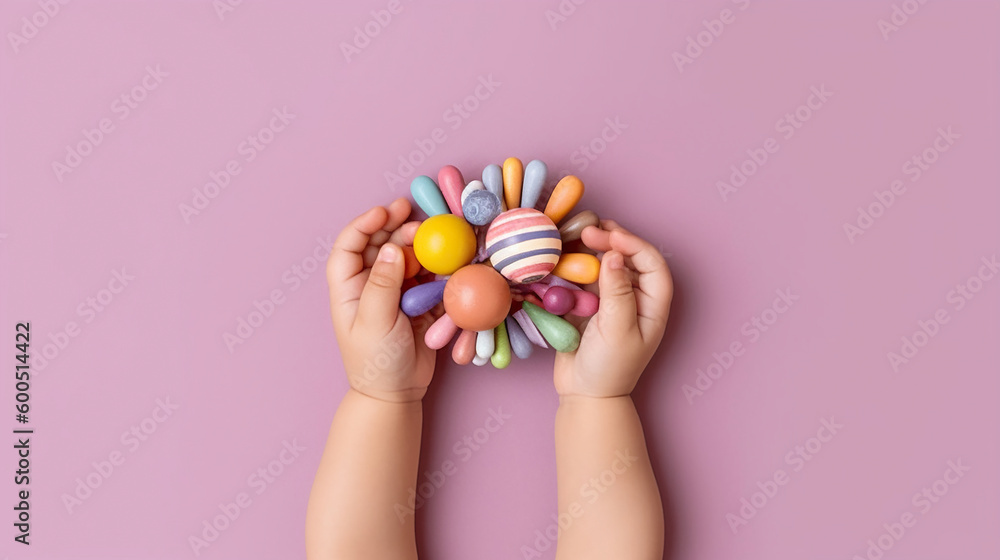 Baby girl hands playing with colorful rattle. Generative Ai Baby girl hands playing with colorful rattle. Generative Ai