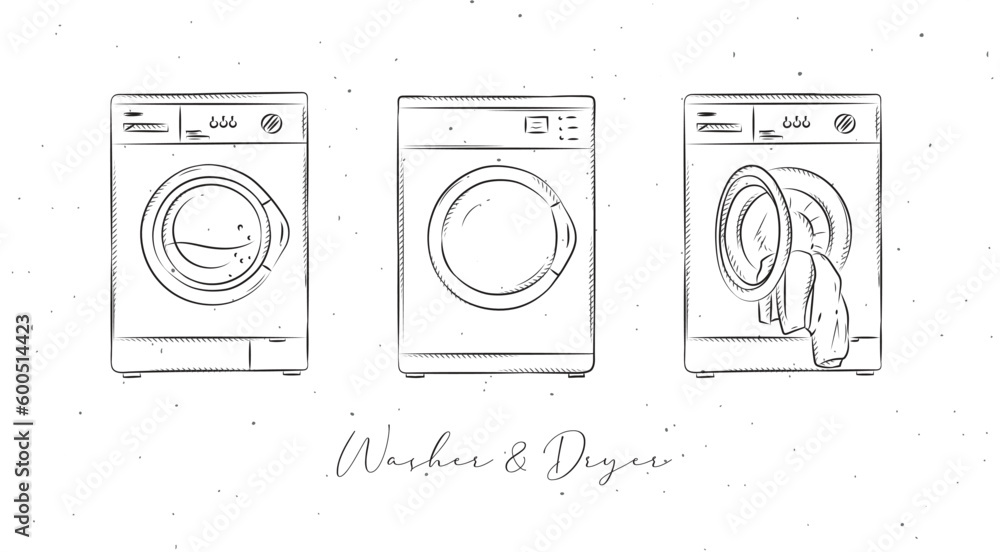 Washing machine and dryer for clean clothes drawing in graphic style on white background