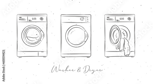 Obraz na płótnie Washing machine and dryer for clean clothes drawing in graphic style on white background w salonie