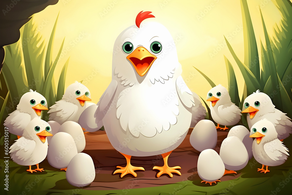 Cartoon white mother hen with little fluffy chicks and eggs in nature. Generative AI, illustration