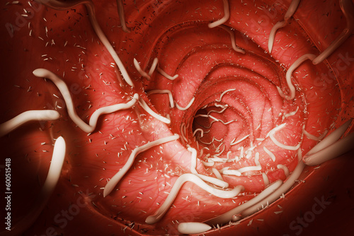 Roundworm parasites in the human intestine. Ascariasis. Diseases of the human digestive system. 3d rendering photo