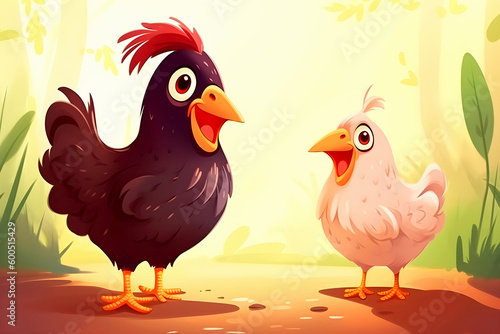 Cartoon brown mother chicken teaches little fluffy chick. Education and learning, parents and children, teacher and student. Generative AI, illustration © Надежда Сенько