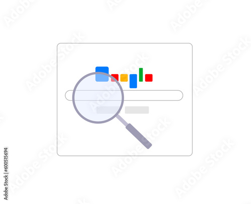 Flat illustration. Google search. Large magnifying glass on the background of the Google homepage