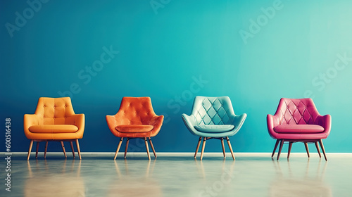 Modern colorful vintage chairs standing in interior empty blue room for copy space. Generative Ai