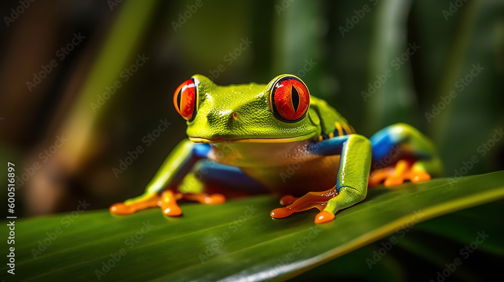 Fototapeta premium Red Eyed Tree Frog on a Leaf with blurred Background. Generative Ai