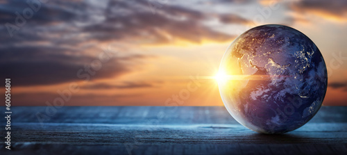 Bilde på lerret Planet earth on the background of blurred lights of the city