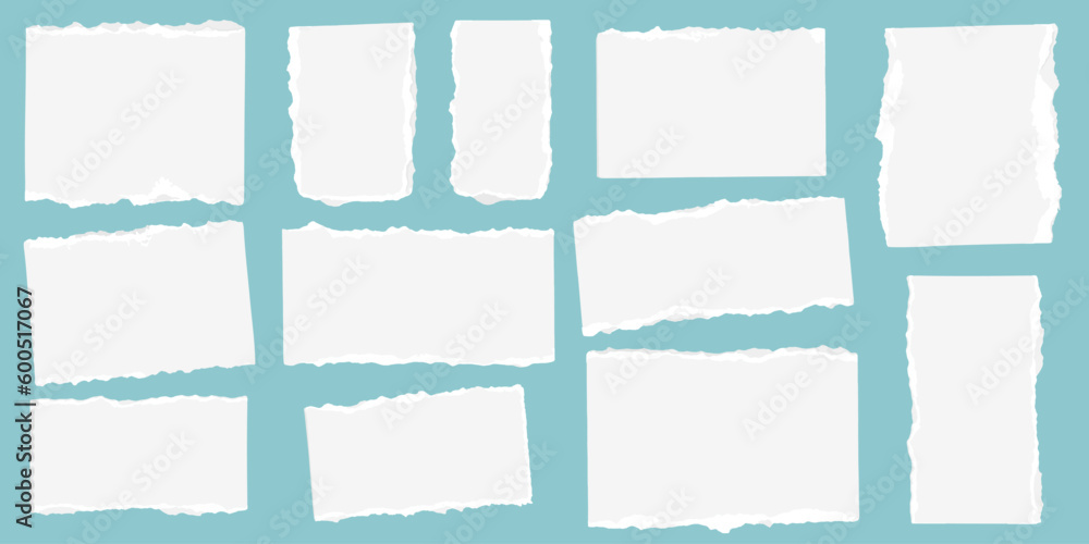 Set of white torn paper. Ripped paper strips collection. Note paper scraps with torn edges isolated on white background. Stickers. Different shapes realistic pieces of paper sheets