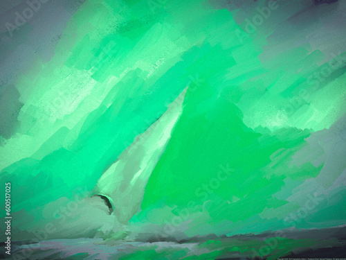 Quadro su tela Vibrant, Impressionistic Sunset OR Sunrise Sailboat - Green, Lime, Neon Green, G