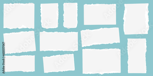 Set of white torn paper. Ripped paper strips collection. Note paper scraps with torn edges isolated on white background. Stickers. Different shapes realistic pieces of paper sheets