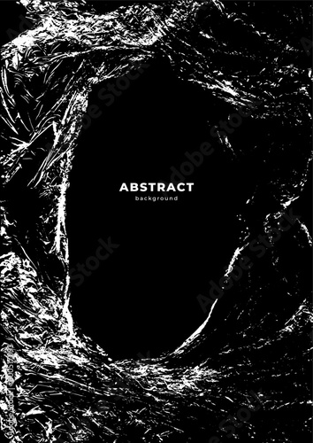 Polyethylene texture. Torn effect. Transparent stretched cling film. Overlay grunge texture. Black and white vector background. Crumpled warp plastic. Defect, scuff frame template.