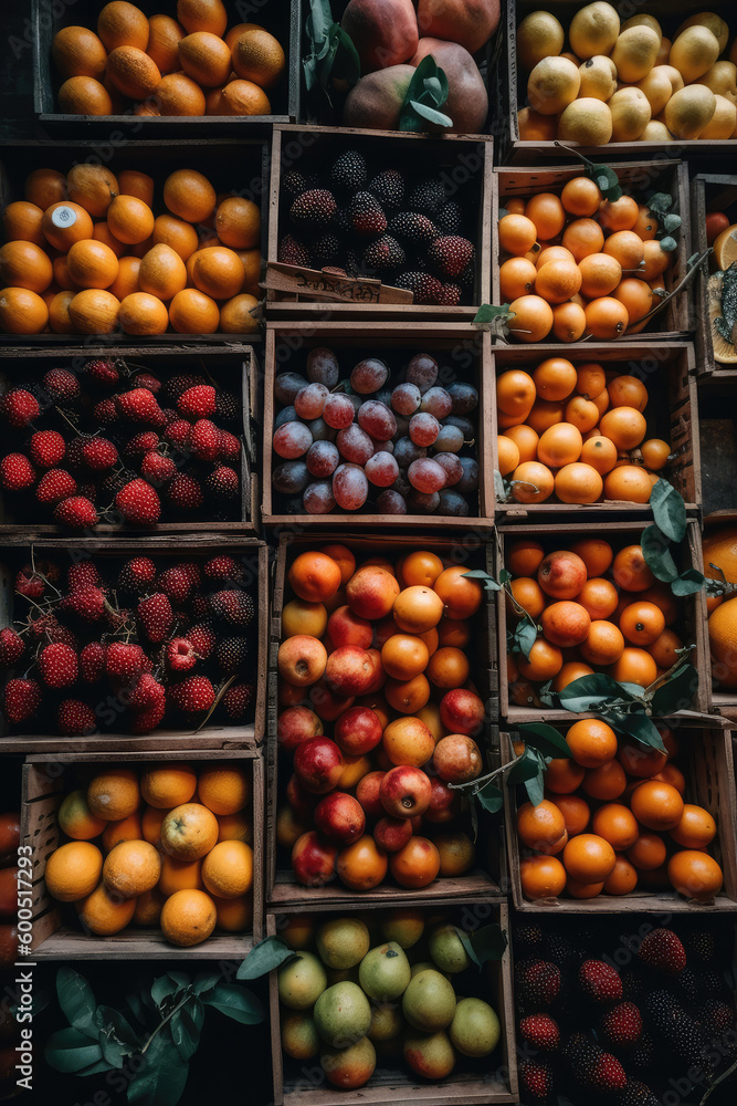 A Bountiful Harvest in Wooden Cages: Top-Down View of Fresh and Natural Fruits, Featuring an Array of Delicious Apples, Oranges, Mangoes, and Healthy Goodies.

