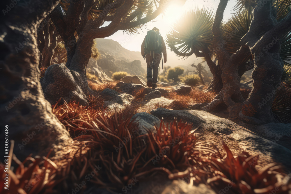 Obraz premium Exploring Socotra's Trail of Wonders. Follow the footsteps of a skilled trekker, adorned with mystical dragon's blood trees. ai generative