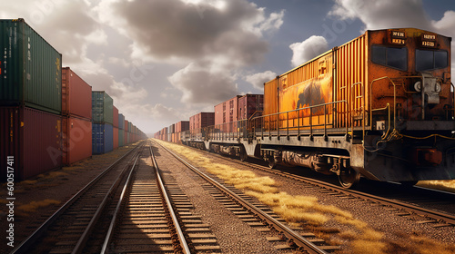 Container Freight Train with cloudy sky. Generative Ai