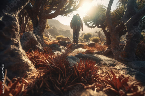 Exploring Socotra's Trail of Wonders. Follow the footsteps of a skilled trekker, adorned with mystical dragon's blood trees. ai generative