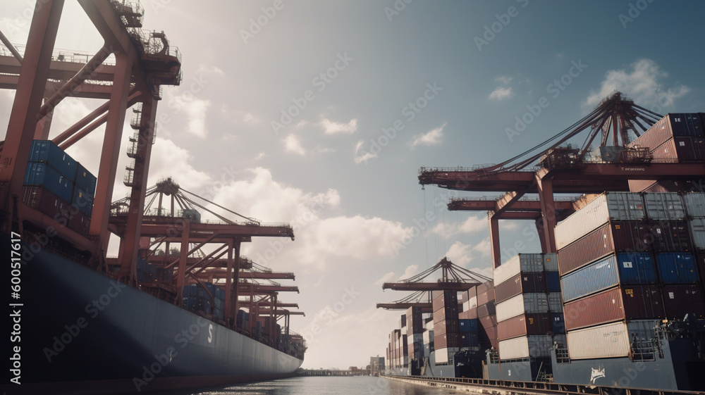 Industrial Port for Сontainer cargo freight shipping, sea import export business logistics, and international transportation, commercial trade concept, Generative AI
