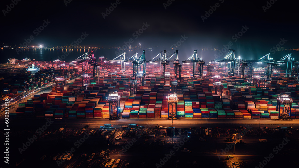 Industrial Port at Night, Сontainer cargo freight shipping, sea import export business logistics, and international transportation, commercial trade concept, Generative AI