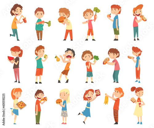 Little Kids Loving Fastfood and Rejecting Eating Healthy Food Big Vector Set