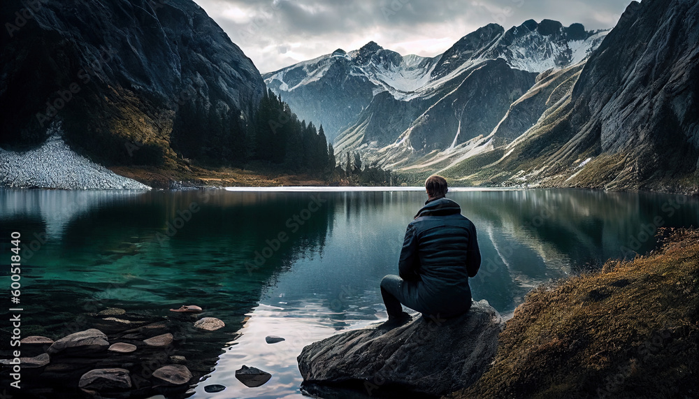 A Man Sitting At A Mountain Landscape Background AI Generative