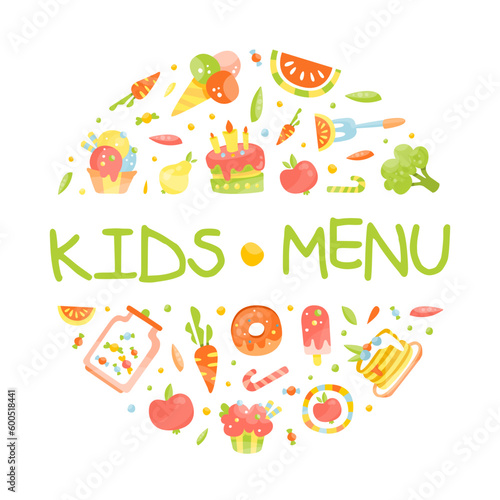 Kids menu banner. Tasty food dishes of round shape. Poster, card, invitation, flyer, cover, placard, brochure cartoon vector