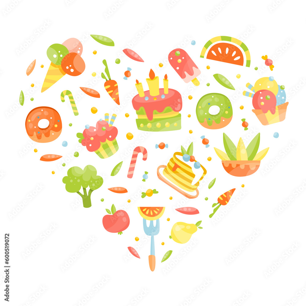 Healthy tasty dishes and desserts for children banner. Kids menu meal of round shape for poster, card, flyer, cover, placard cartoon vector