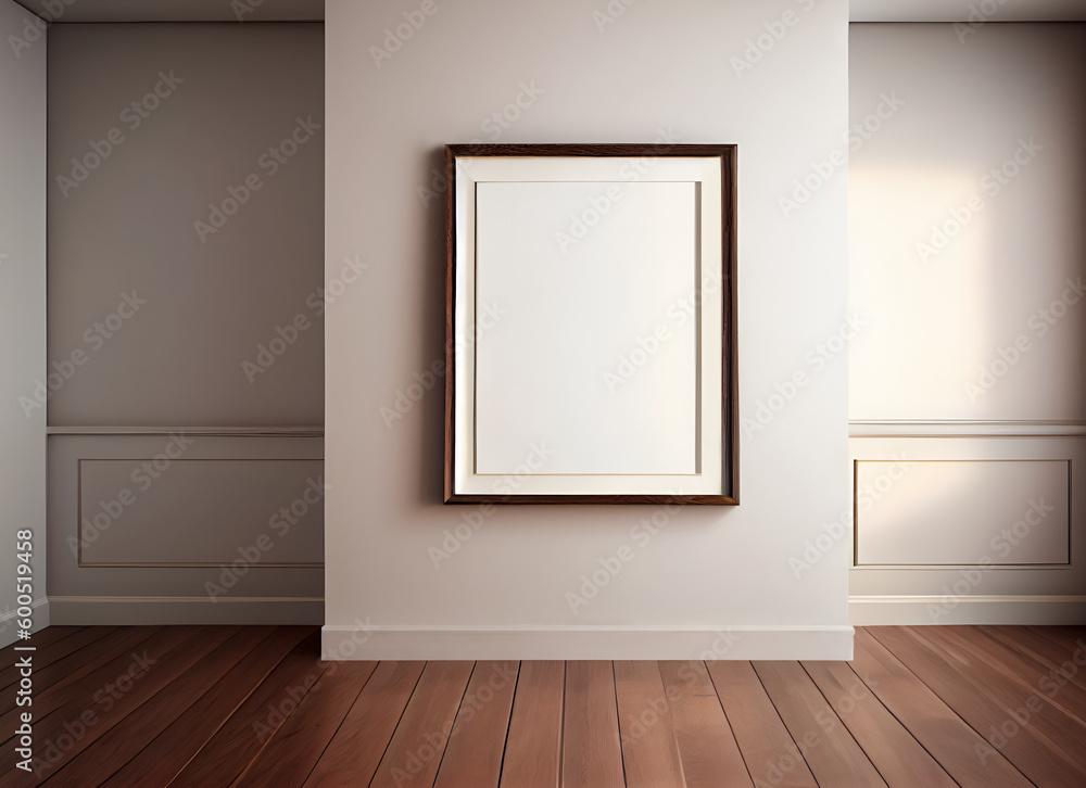 Abstract beige clear wall room with wooden flooring and empty photo frame with interesting light shadow. Template for product presentation. Living, gallery, studio, office concept Mock up