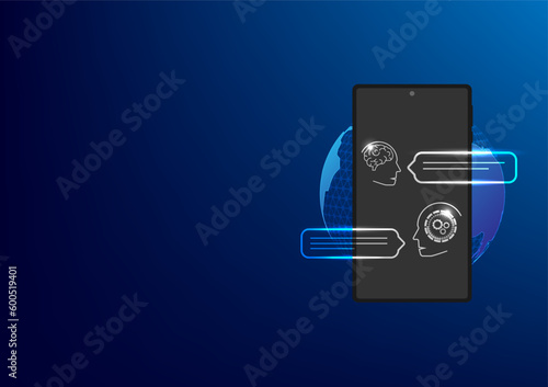 Chat, chat with ai bot. Digital concept. Human ask bot. Bot conversation. Smart ai bot communicate with human in smartphone. Technology blue background