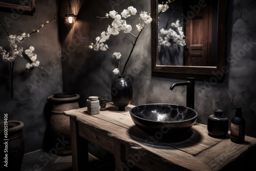 Elegant Bathroom Space Combining Japandi Style  Boho-Scandinavian Elements  Freestanding Bathtub  and Earthy Tones..